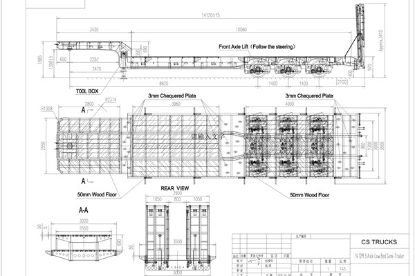 Tri-axle lowbed semi-trailer drawing